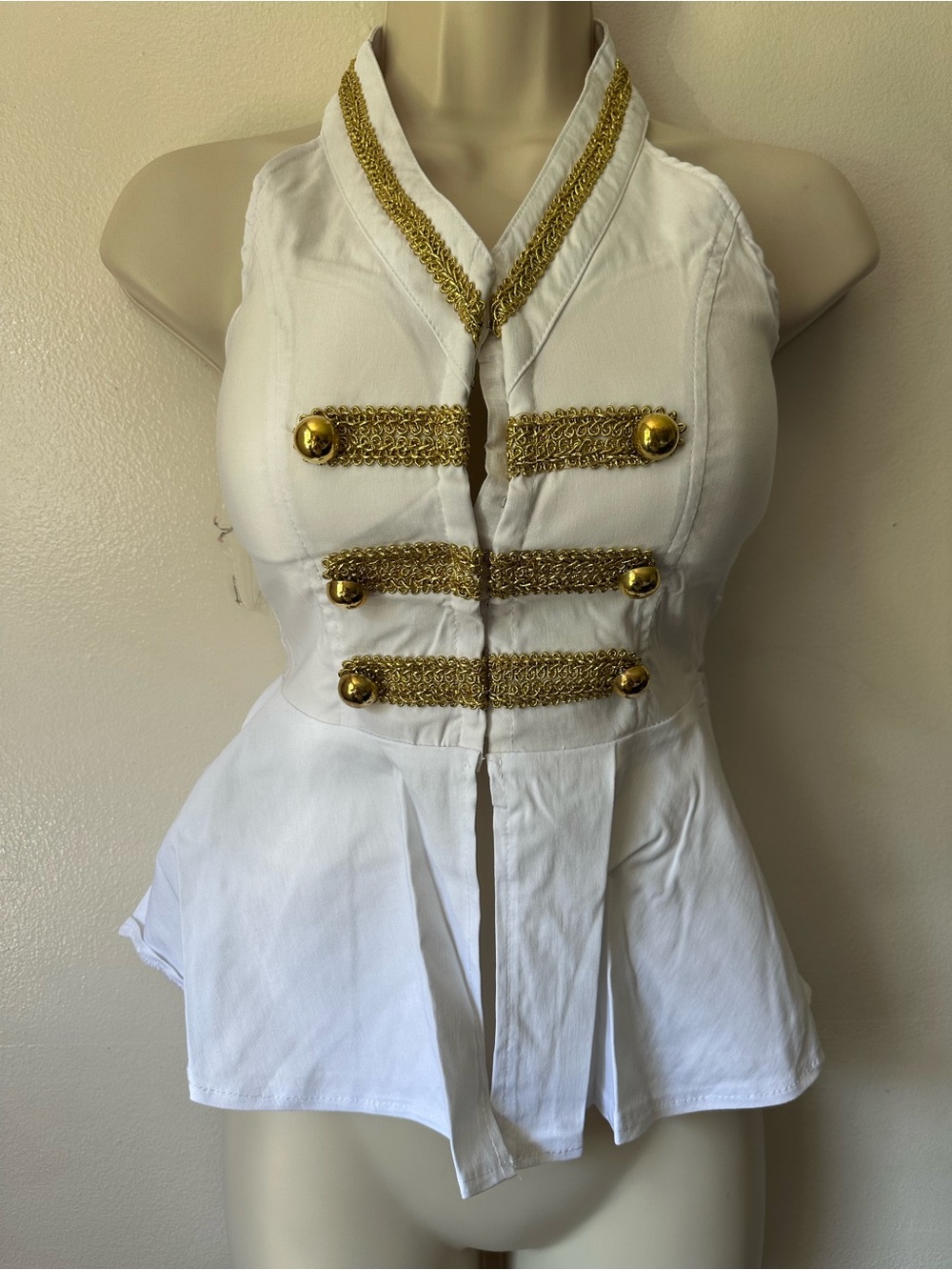 White Halter Peplum Top with Gold Trim